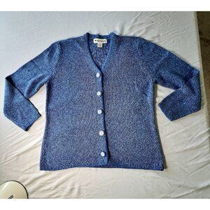 VTG Appleseeds Cardigan Marled V Neck Sweater Med Blue Cozy Costal Grandma